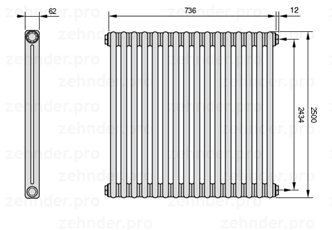 Схема (чертеж) Радиатор Zehnder Charleston 2250/16 №7610 Белый глянцевый RAL 9016